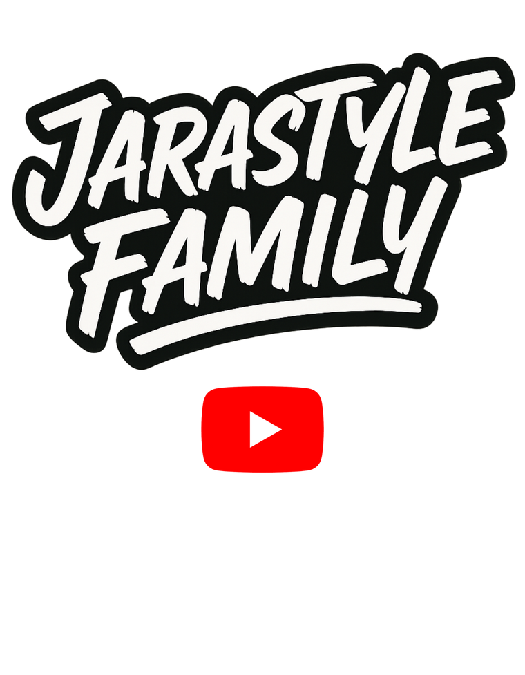 A graphic logo featuring the words 'JARASTYLE FAMILY' in bold white stylized lettering with black outlines, above a red YouTube play button icon on a light gray background.